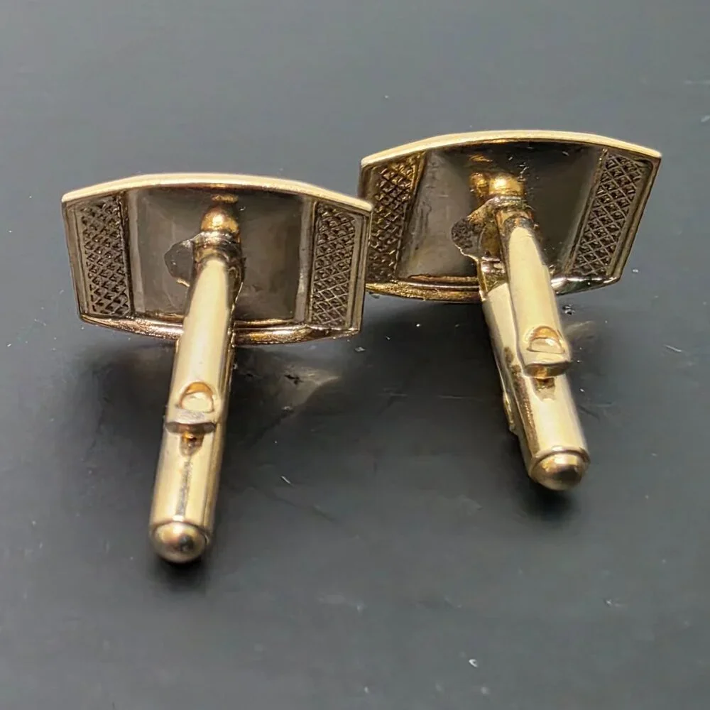 Vintage Rectangular Gold Tone Cufflinks Textured Geometric Mid Century Formal